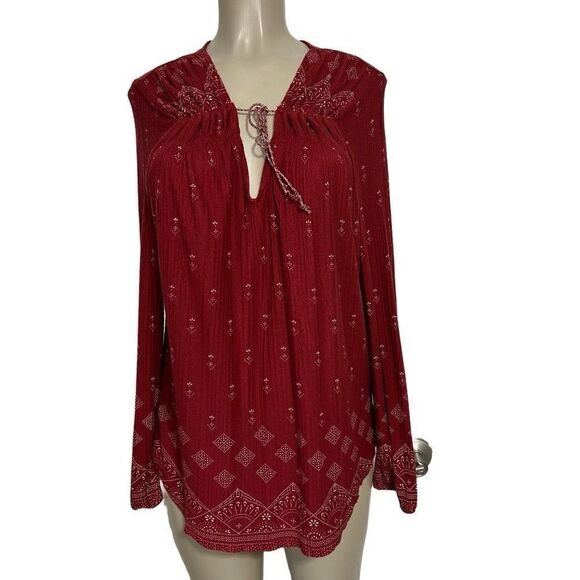 Lucky Brand Brick Red Top Women’s Large Long Sleeve Boho Blouse Tassel Popover - Picture 8 of 14
